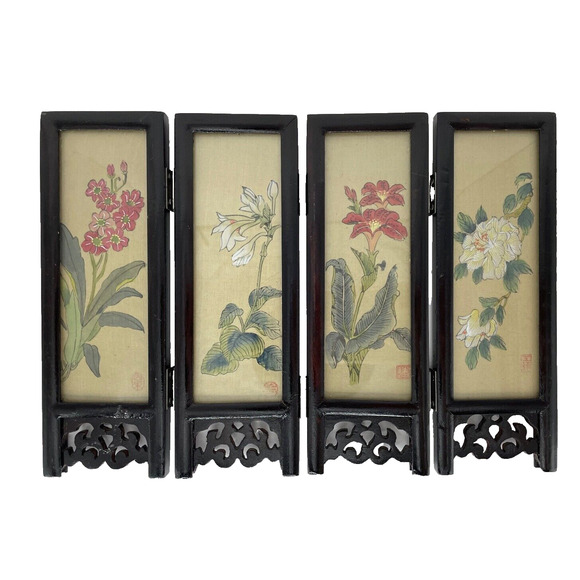 Vintage Asian Folding Screen Mini 4 Silk Panel Hand Painted Wood Bird/Floral - Picture 1 of 10